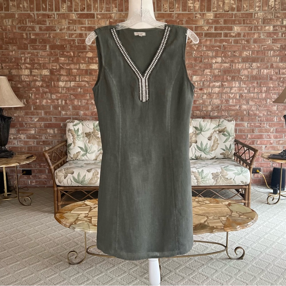 Lina Tomei Italy Dress Green Linen Rhinestone Beaded Neck Sheath Mini S Chic - Picture 3 of 13